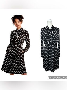 Modcloth Black White Polka Dot Floral Print Tie-Neck Long Sleeve MidiDress Large